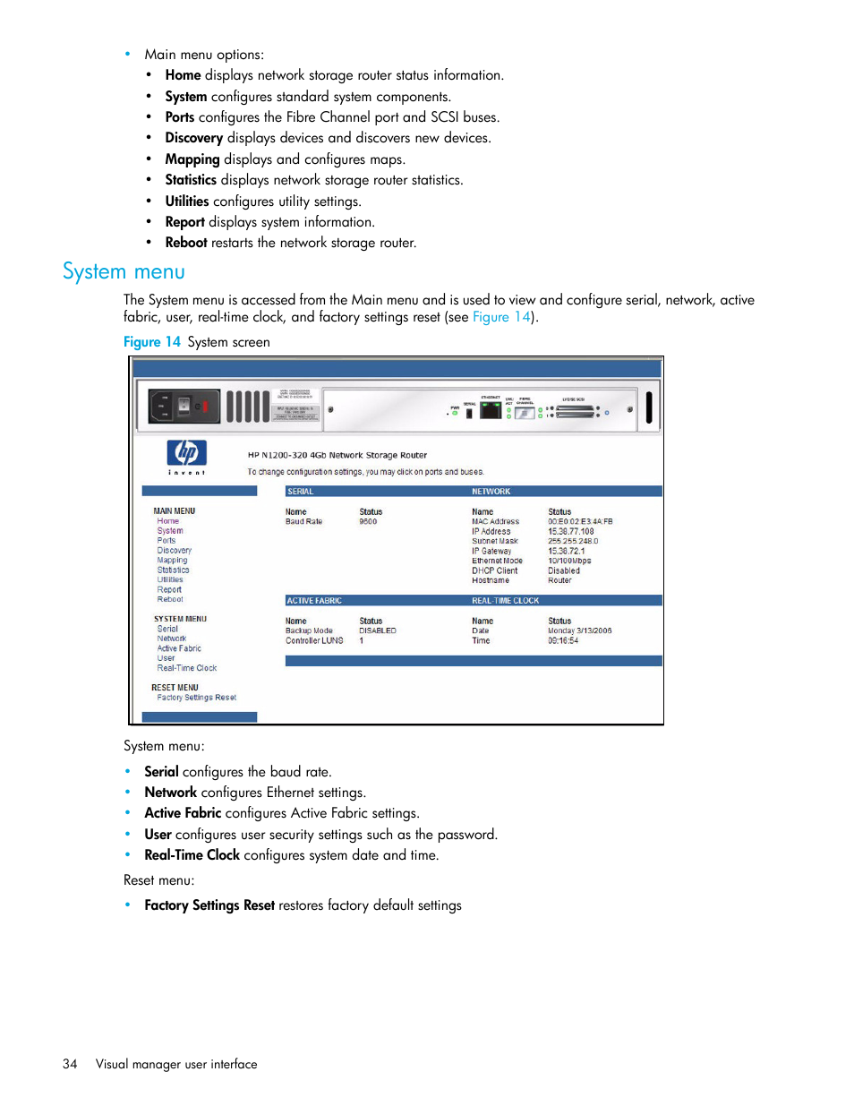 System menu, Figure 14 system screen | HP N1200-320 User Manual | Page 34 / 132