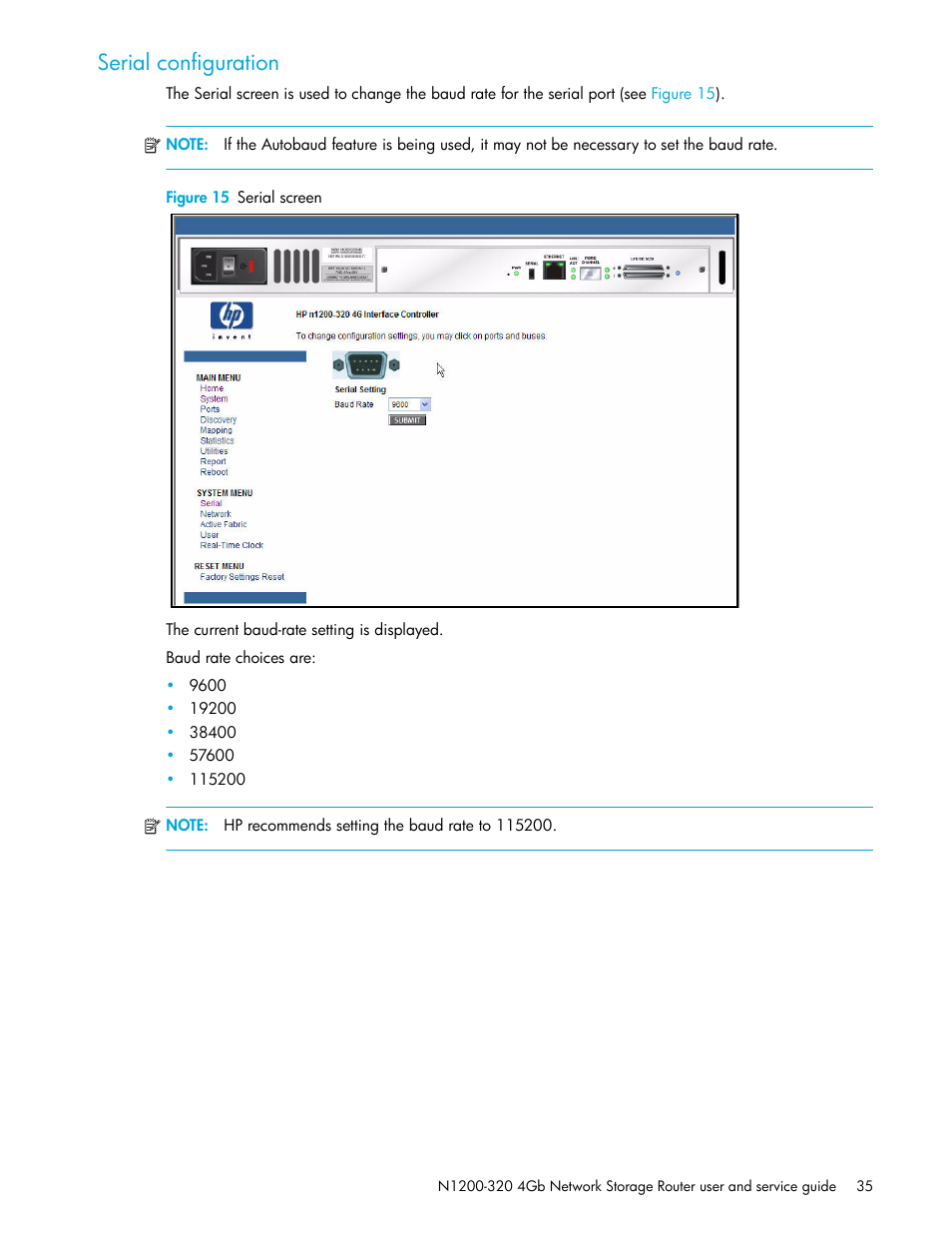 Serial configuration, Figure 15 serial screen | HP N1200-320 User Manual | Page 35 / 132