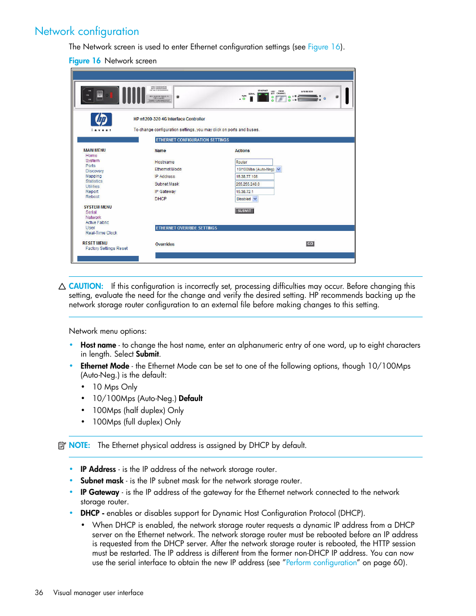 Network configuration, Figure 16 network screen, Network | Configuration | HP N1200-320 User Manual | Page 36 / 132