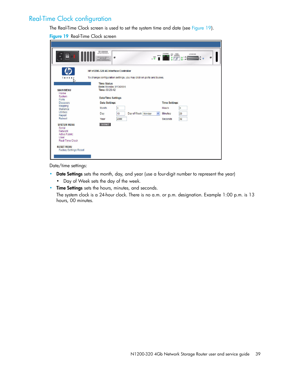 Real-time clock configuration, Figure 19 real-time clock screen | HP N1200-320 User Manual | Page 39 / 132