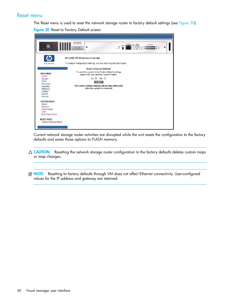 Reset menu, Figure 20 reset to factory default screen | HP N1200-320 User Manual | Page 40 / 132