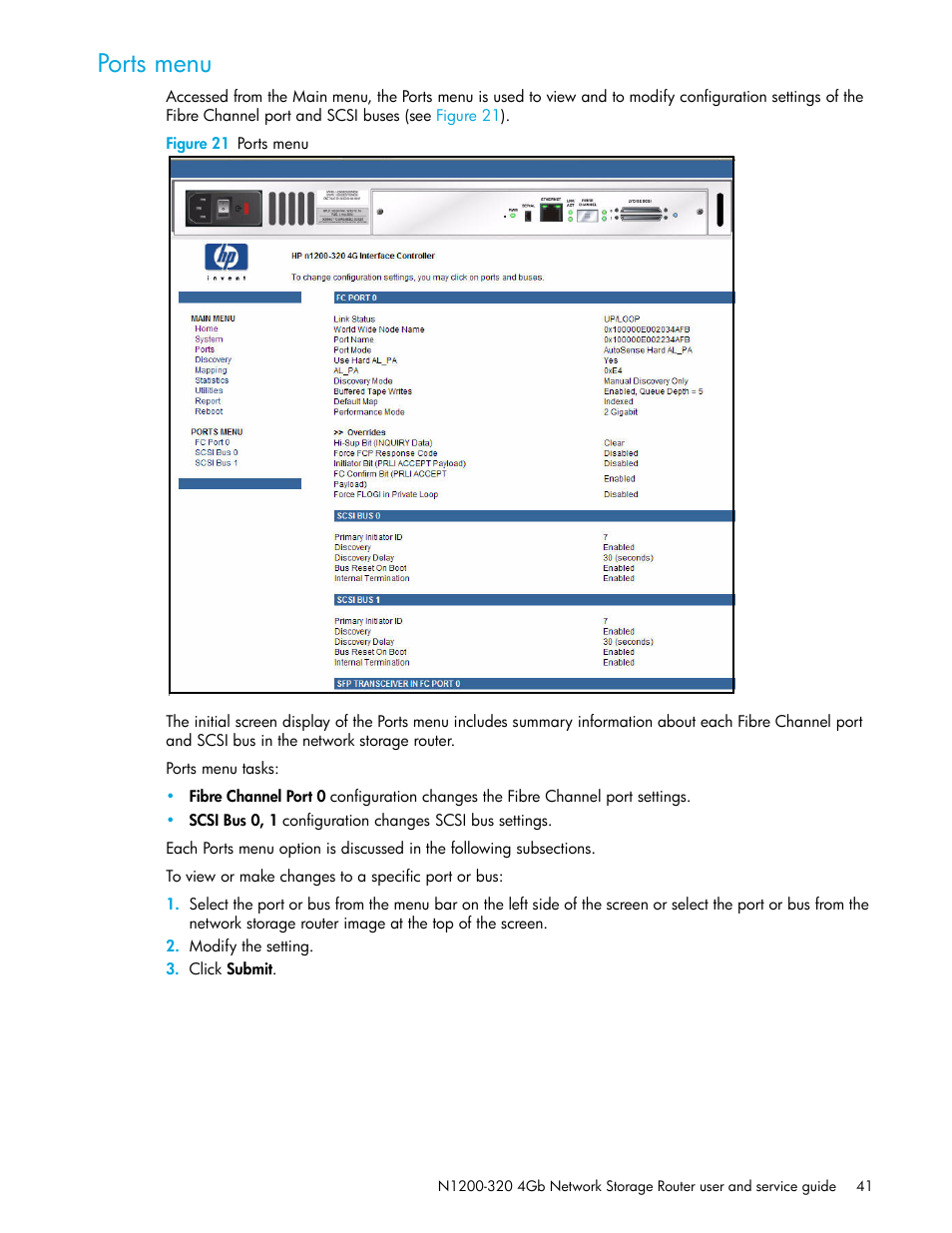 Ports menu, Figure 21 ports menu | HP N1200-320 User Manual | Page 41 / 132