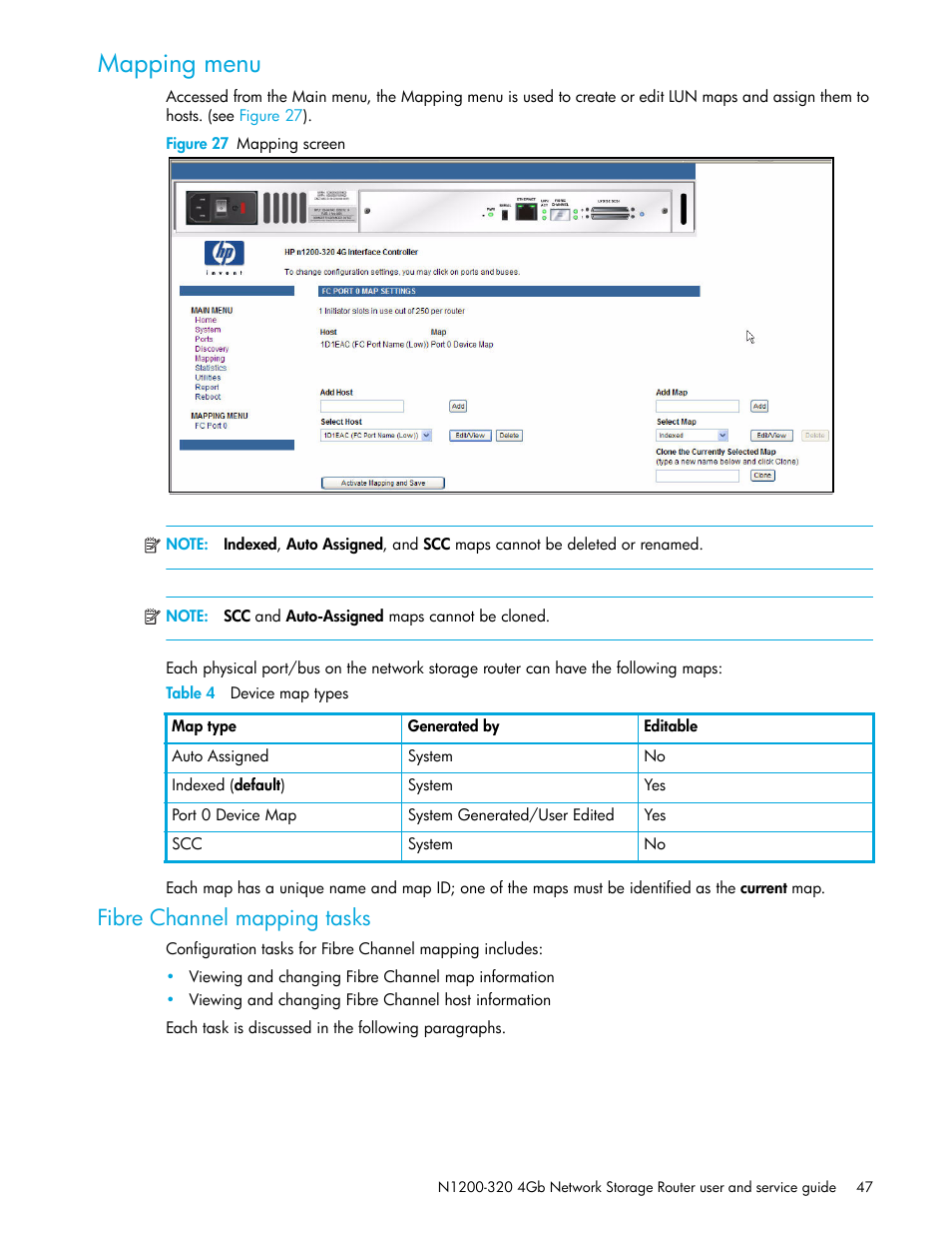 Mapping menu, Figure 27 mapping screen, Table 4 device map types | Fibre channel mapping tasks | HP N1200-320 User Manual | Page 47 / 132