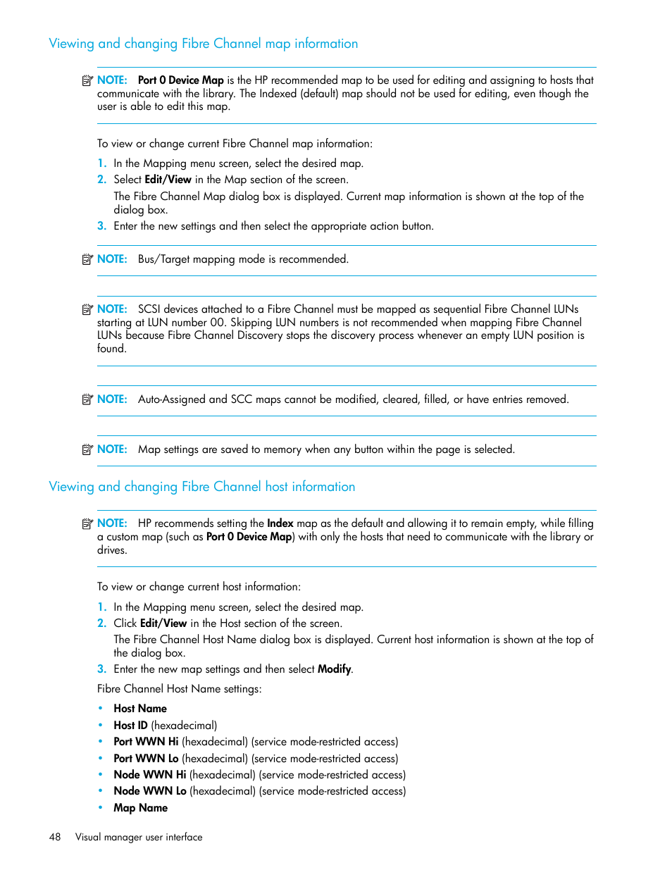 Viewing and changing fibre channel map information | HP N1200-320 User Manual | Page 48 / 132