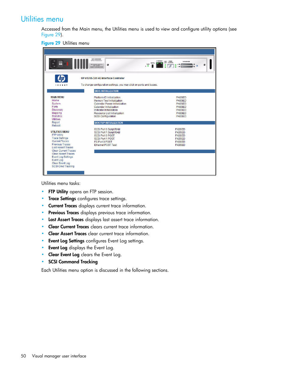 Utilities menu, Figure 29 utilities menu | HP N1200-320 User Manual | Page 50 / 132