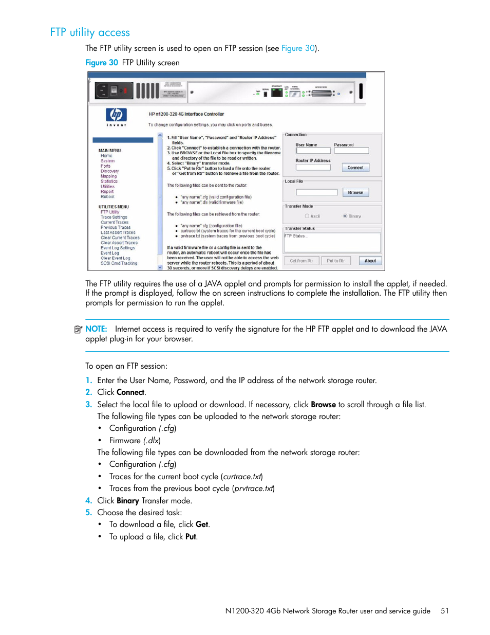 Ftp utility access, Figure 30 ftp utility screen | HP N1200-320 User Manual | Page 51 / 132