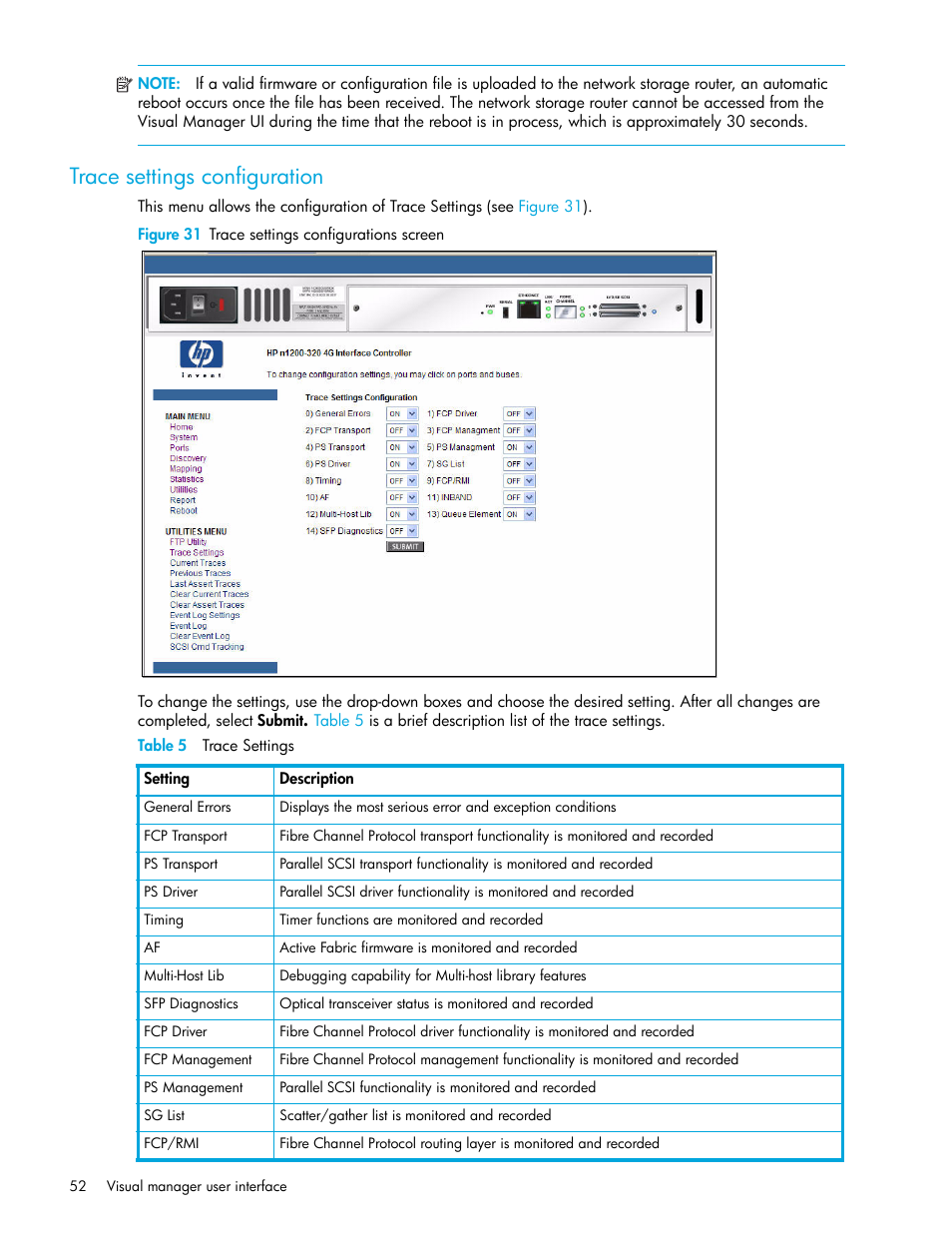 Trace settings configuration, Figure 31 trace settings configurations screen, Table 5 trace settings | HP N1200-320 User Manual | Page 52 / 132