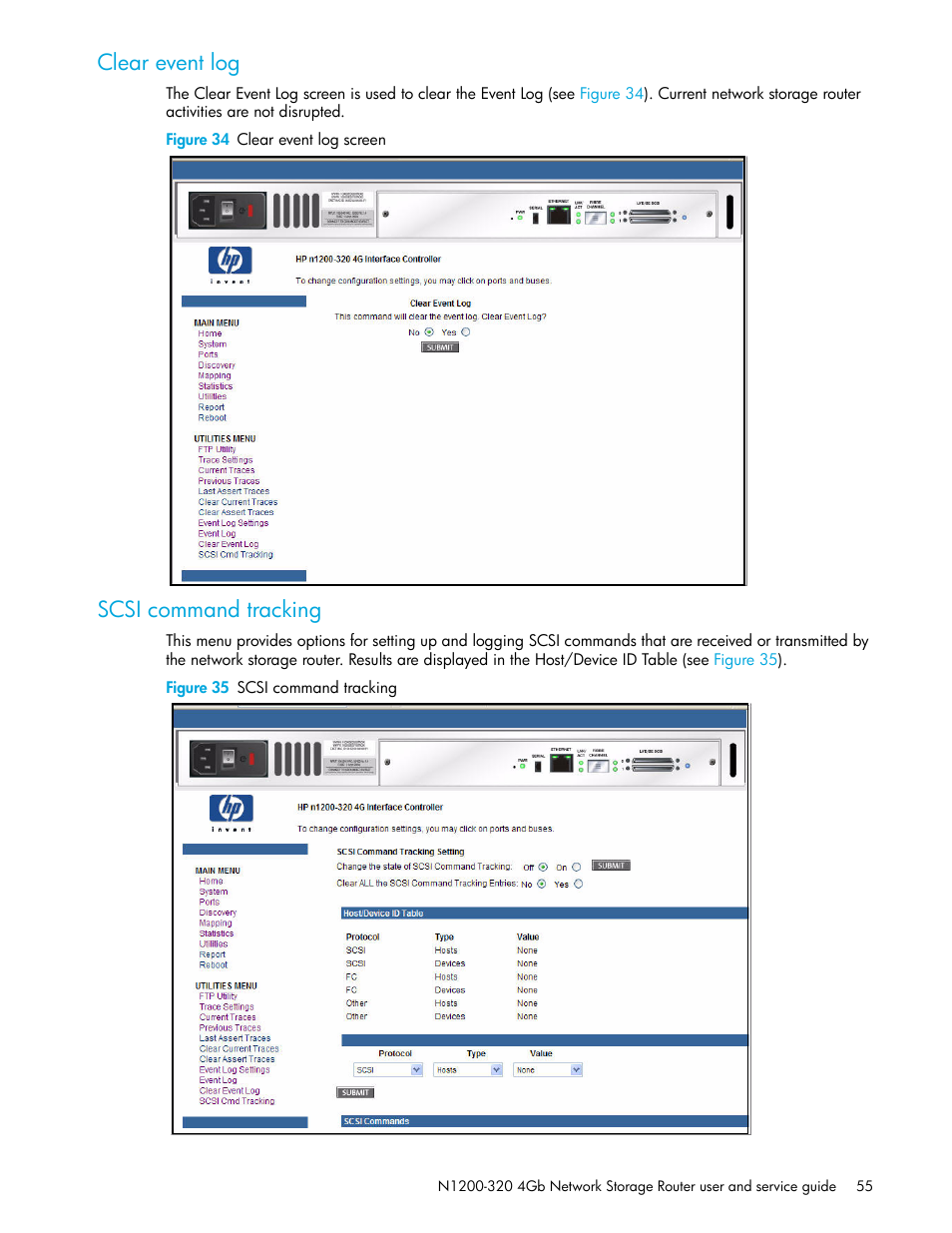 Clear event log, Figure 34 clear event log screen, Scsi command tracking | Figure 35 scsi command tracking | HP N1200-320 User Manual | Page 55 / 132