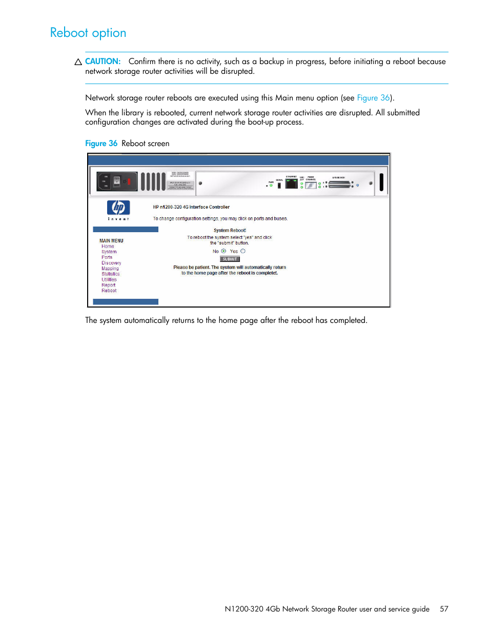 Reboot option, Figure 36 reboot screen | HP N1200-320 User Manual | Page 57 / 132