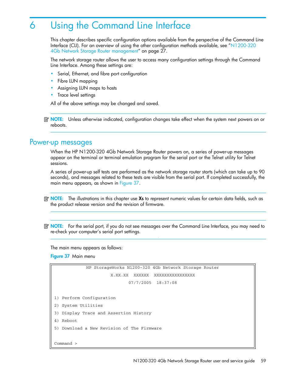 Using the command line interface, Power-up messages, Figure 37 main menu | 6 using the command line interface, Tail in, 6using the command line interface | HP N1200-320 User Manual | Page 59 / 132