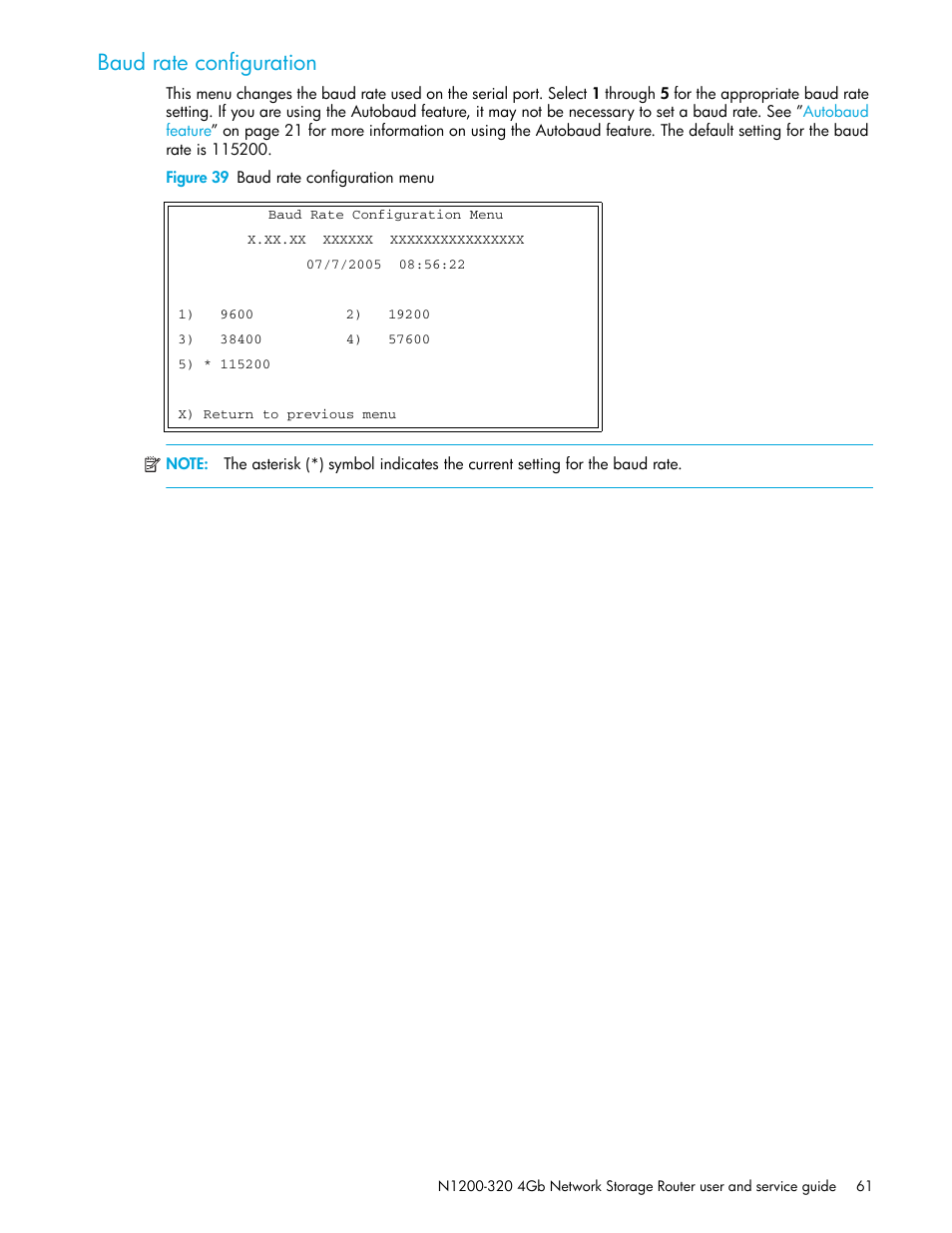 Baud rate configuration, Figure 39 baud rate configuration menu | HP N1200-320 User Manual | Page 61 / 132