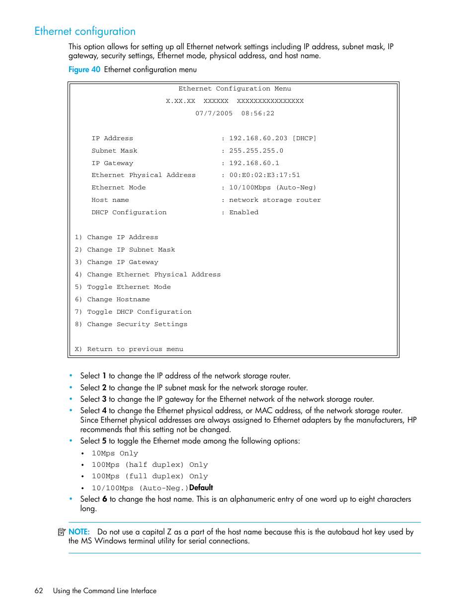 Ethernet configuration, Figure 40 ethernet configuration menu | HP N1200-320 User Manual | Page 62 / 132