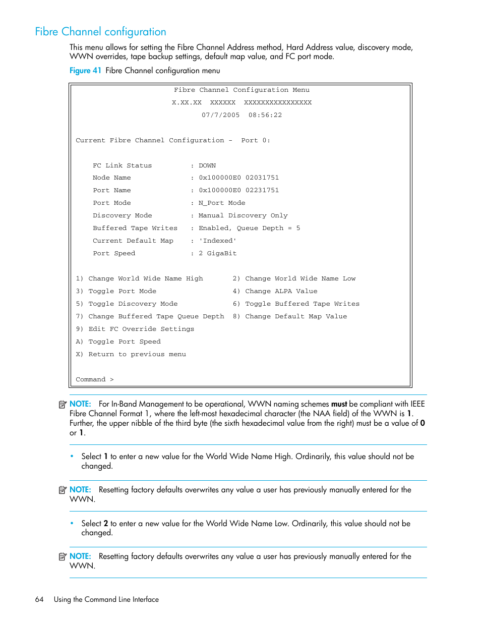 Fibre channel configuration, Figure 41 fibre channel configuration menu | HP N1200-320 User Manual | Page 64 / 132