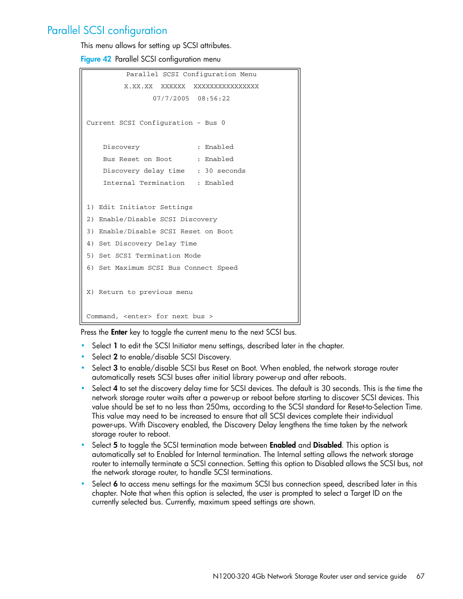 Parallel scsi configuration, Figure 42 parallel scsi configuration menu | HP N1200-320 User Manual | Page 67 / 132