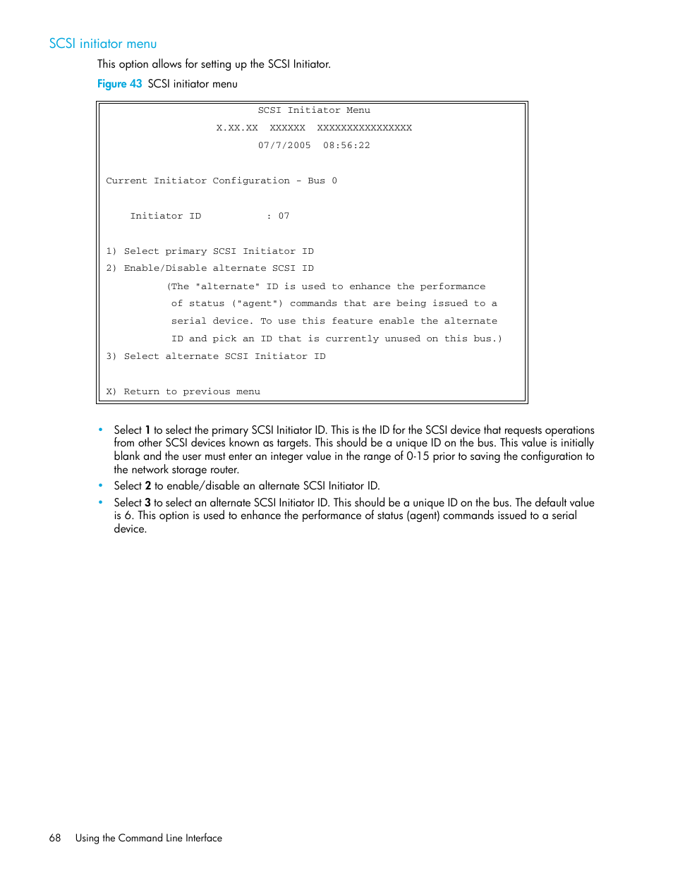 Scsi initiator menu, Figure 43 scsi initiator menu | HP N1200-320 User Manual | Page 68 / 132