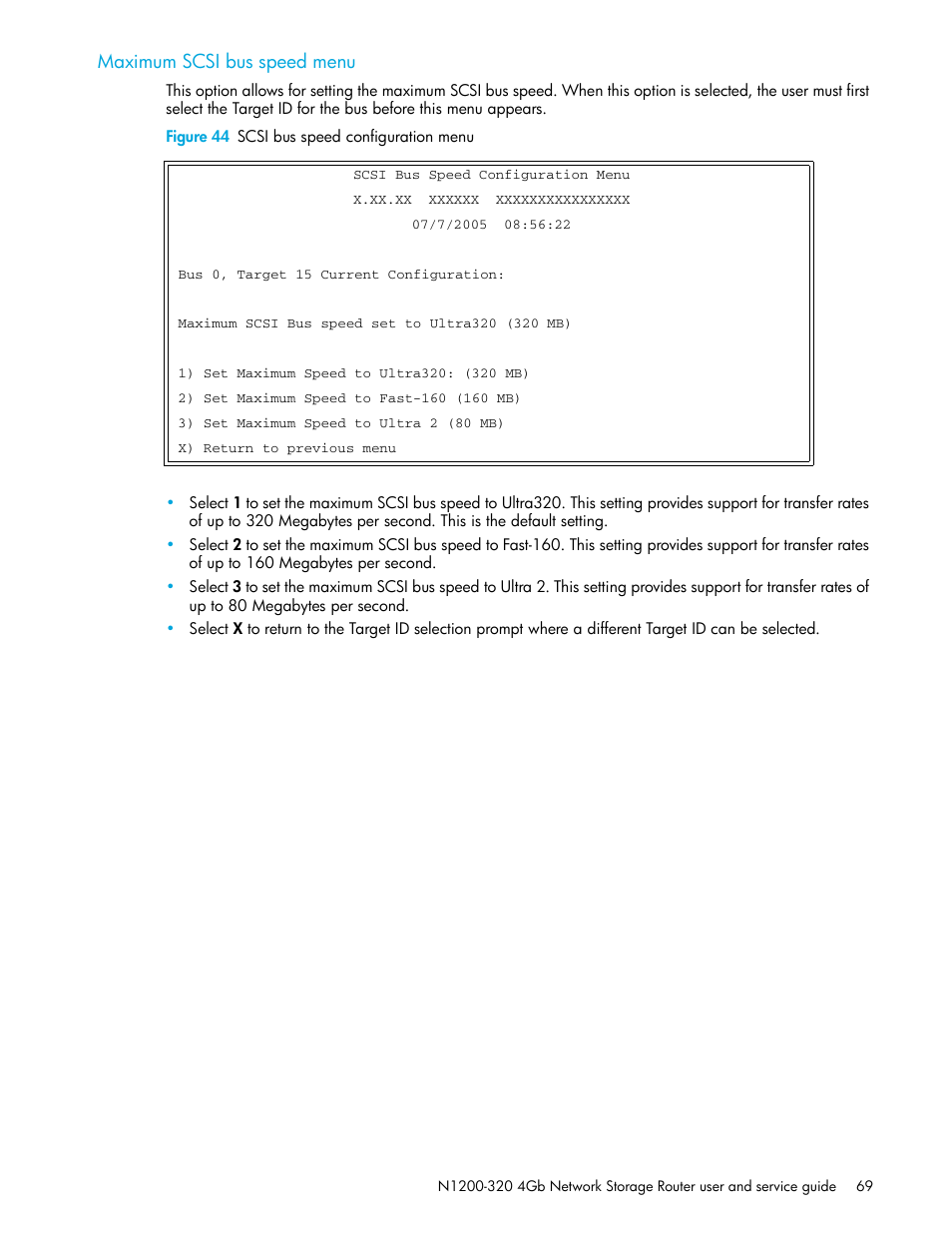 Maximum scsi bus speed menu, Figure 44 scsi bus speed configuration menu | HP N1200-320 User Manual | Page 69 / 132