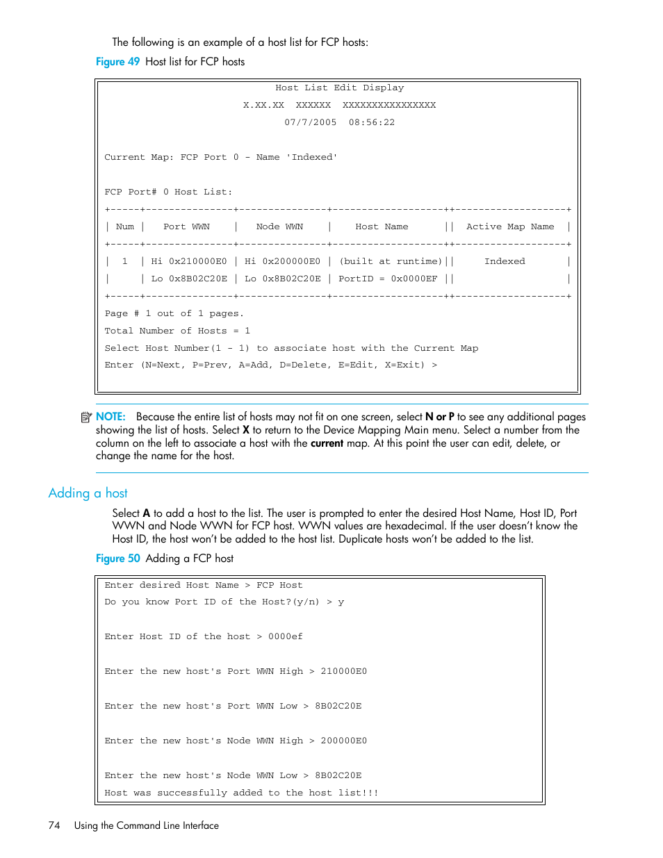 Figure 49 host list for fcp hosts, Adding a host, Figure 50 adding a fcp host | HP N1200-320 User Manual | Page 74 / 132