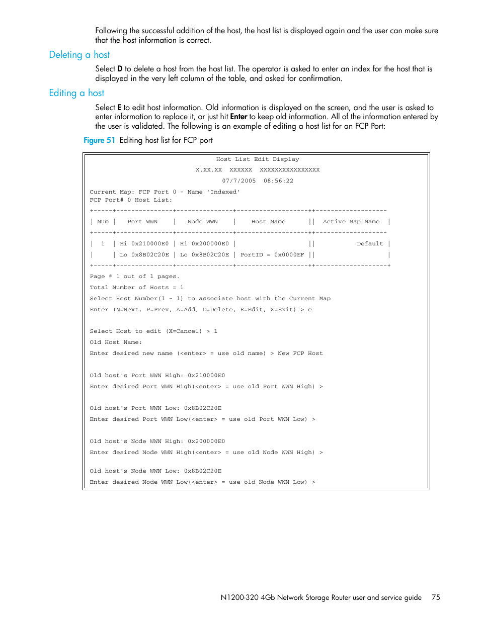 Deleting a host, Editing a host, Figure 51 editing host list for fcp port | HP N1200-320 User Manual | Page 75 / 132