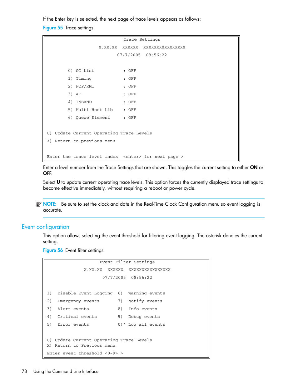 Figure 55 trace settings, Event configuration, Figure 56 event filter settings | HP N1200-320 User Manual | Page 78 / 132