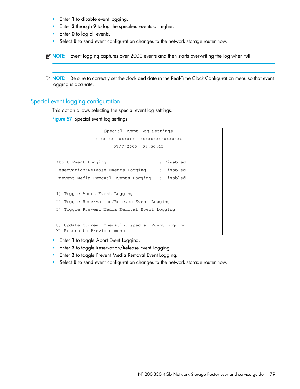 Special event logging configuration, Figure 57 special event log settings | HP N1200-320 User Manual | Page 79 / 132