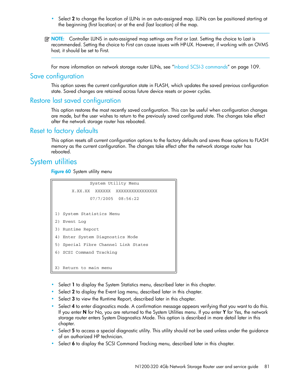 Save configuration, Restore last saved configuration, Reset to factory defaults | System utilities, Figure 60 system utility menu | HP N1200-320 User Manual | Page 81 / 132