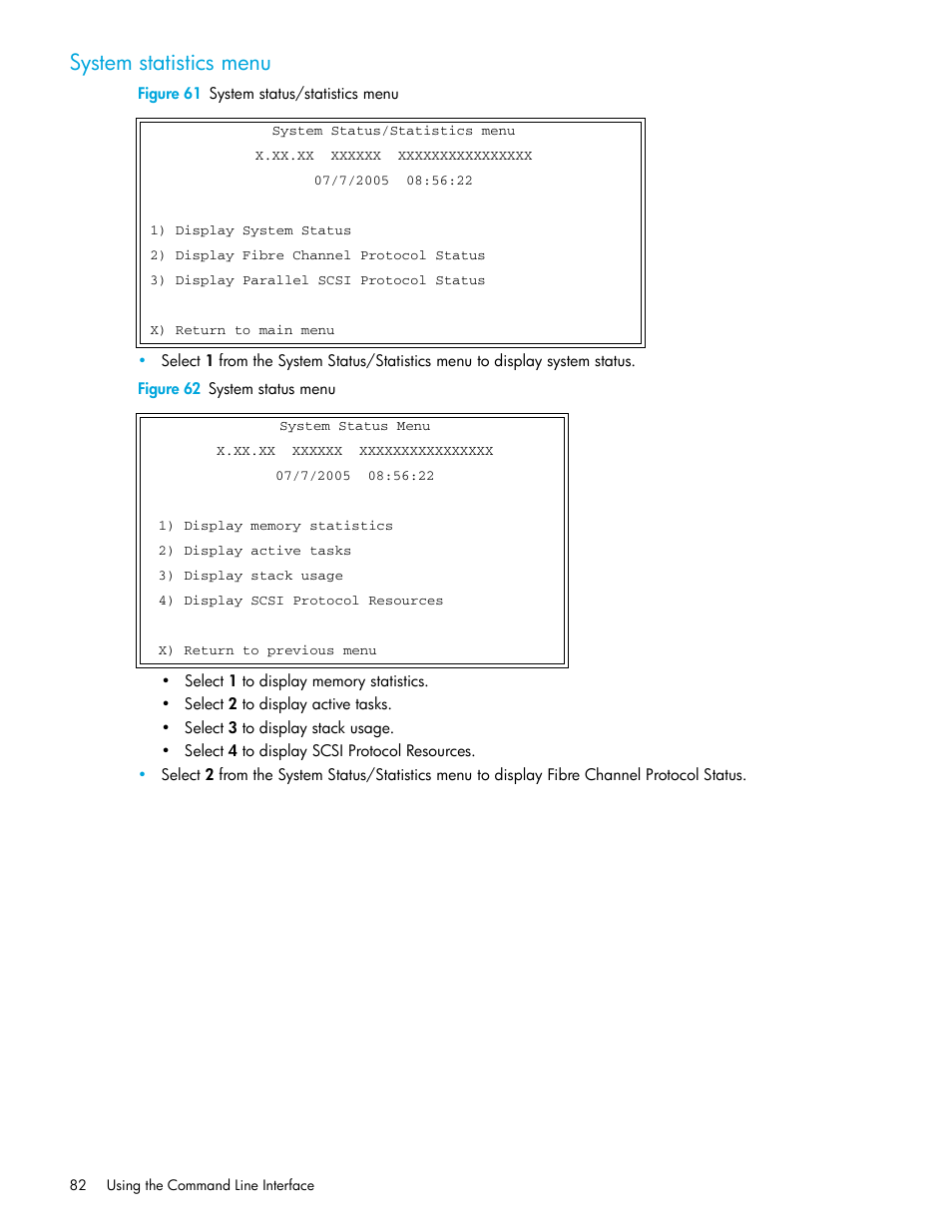 System statistics menu, Figure 61 system status/statistics menu, Figure 62 system status menu | HP N1200-320 User Manual | Page 82 / 132