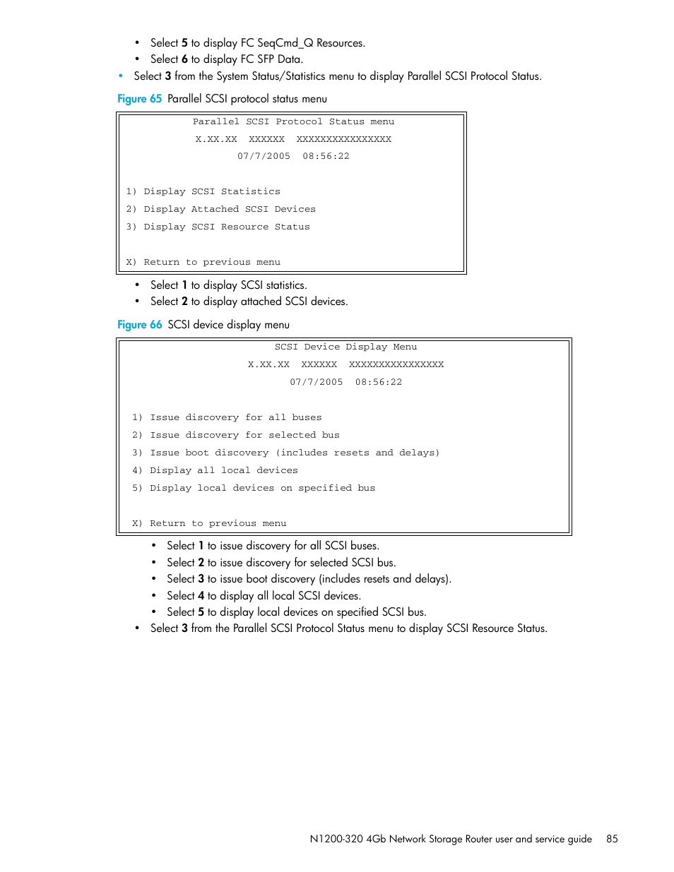 Figure 65 parallel scsi protocol status menu, Figure 66 scsi device display menu | HP N1200-320 User Manual | Page 85 / 132