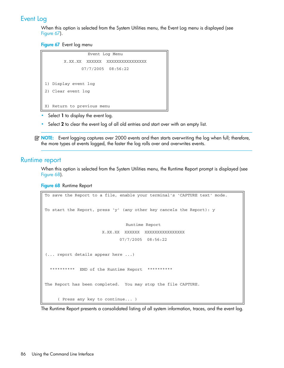 Event log, Figure 67 event log menu, Runtime report | Figure 68 runtime report | HP N1200-320 User Manual | Page 86 / 132