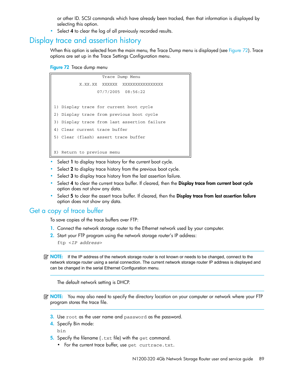 Display trace and assertion history, Figure 72 trace dump menu, Get a copy of trace buffer | HP N1200-320 User Manual | Page 89 / 132