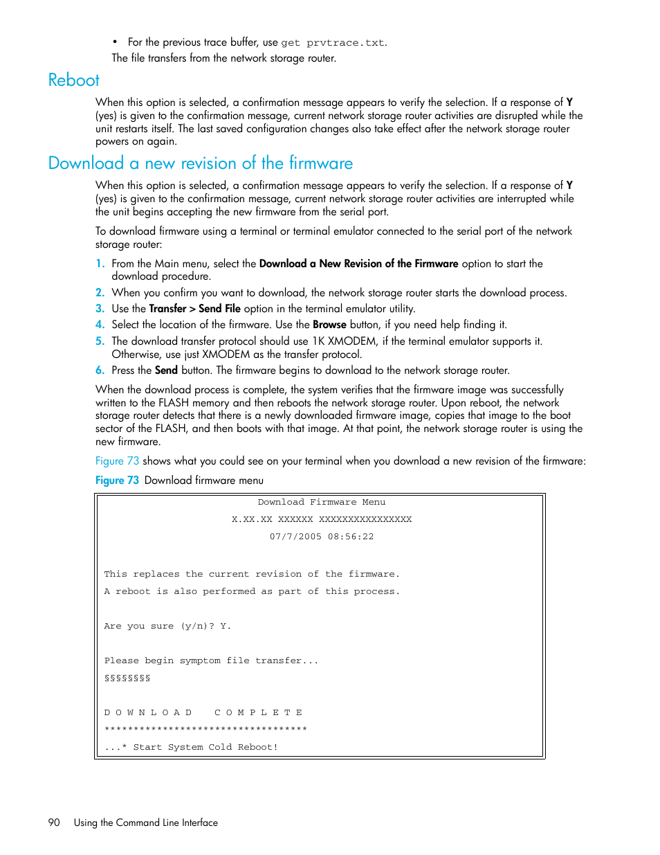 Reboot, Download a new revision of the firmware, Figure 73 download firmware menu | HP N1200-320 User Manual | Page 90 / 132