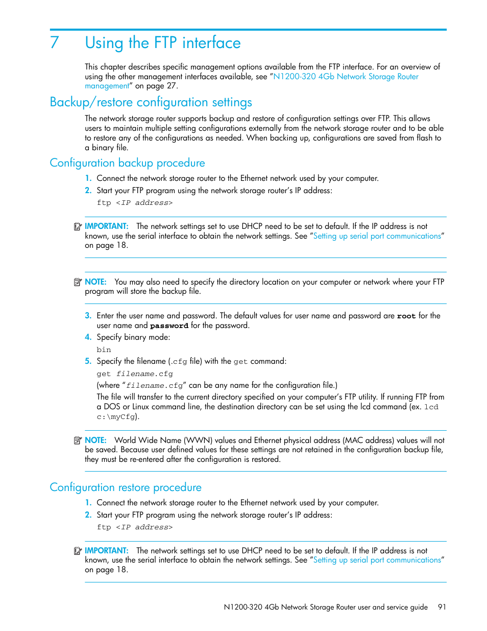 Using the ftp interface, Backup/restore configuration settings, Configuration backup procedure | Configuration restore procedure, 7 using the ftp interface, 7using the ftp interface | HP N1200-320 User Manual | Page 91 / 132