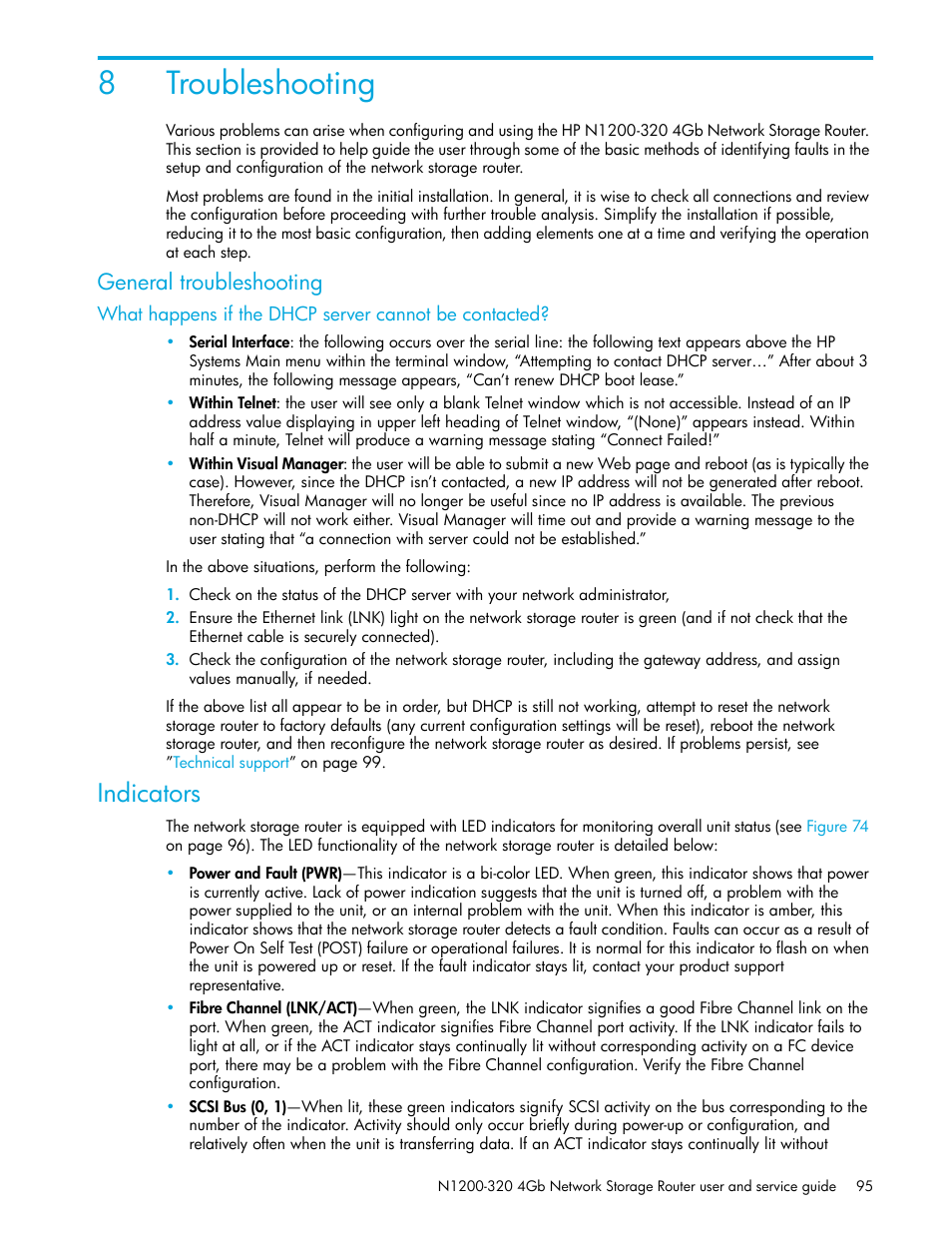 Troubleshooting, General troubleshooting, Indicators | 8 troubleshooting, 8troubleshooting | HP N1200-320 User Manual | Page 95 / 132