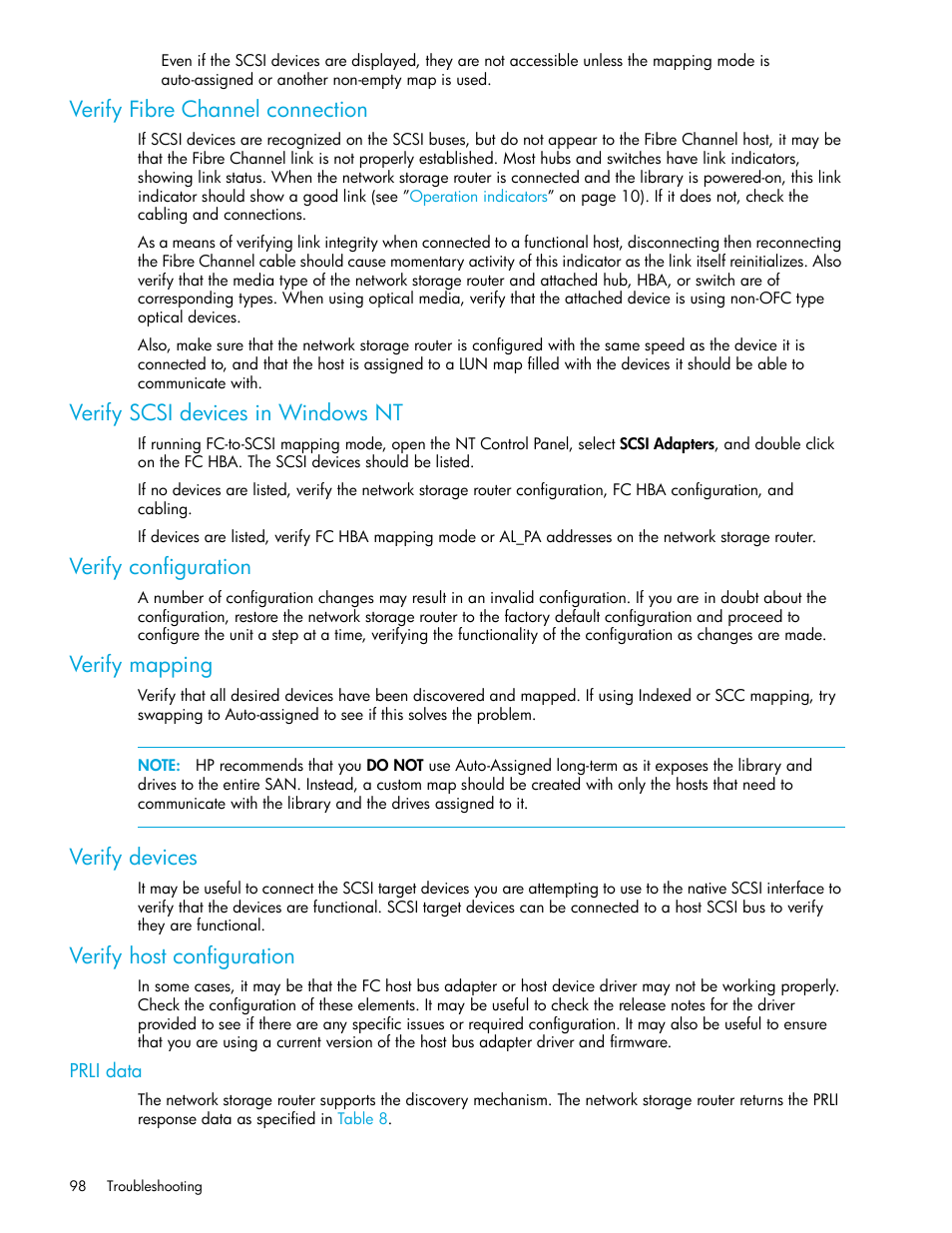 Verify fibre channel connection, Verify scsi devices in windows nt, Verify configuration | Verify mapping, Verify devices, Verify host configuration, Prli data | HP N1200-320 User Manual | Page 98 / 132