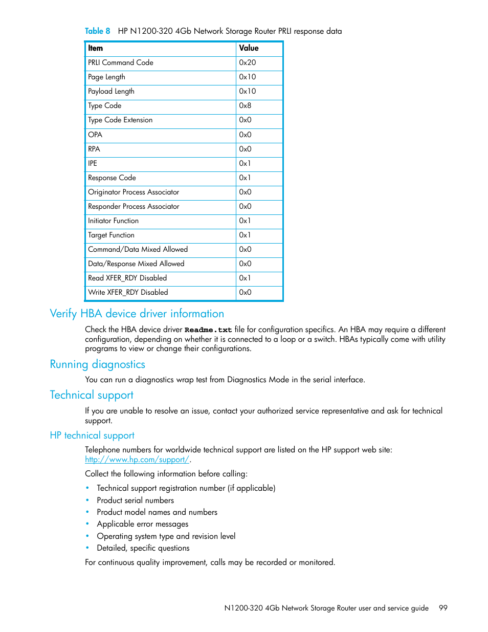 Verify hba device driver information, Running diagnostics, Technical support | Hp technical support, Table 8 | HP N1200-320 User Manual | Page 99 / 132