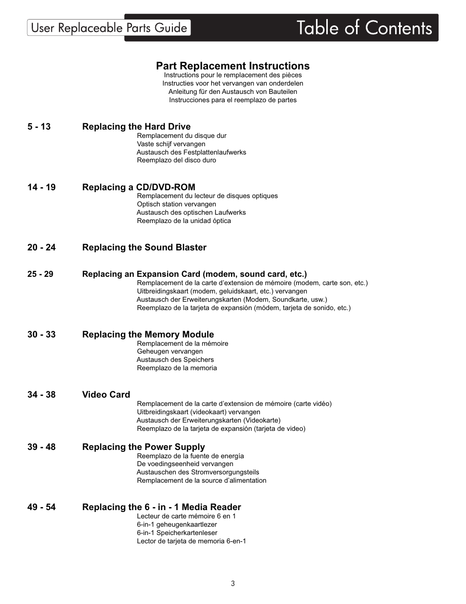Part replacement instructions, 5 - 13 replacing the hard drive, 14 - 19 replacing a cd/dvd-rom | 20 - 24 replacing the sound blaster, 34 - 38 video card, 39 - 48 replacing the power supply | HP X09 User Manual | Page 3 / 54