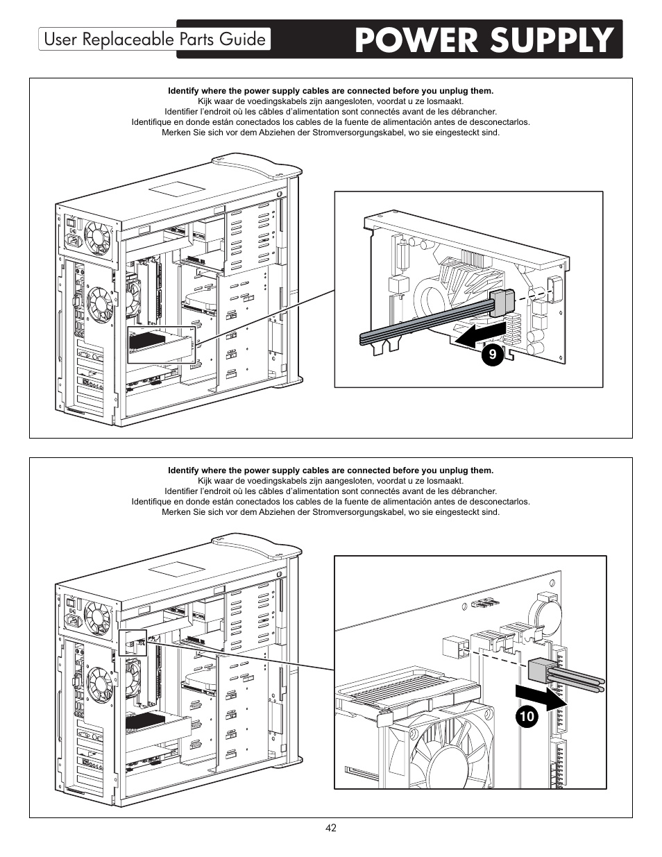 Power supply, User replaceable parts guide | HP X09 User Manual | Page 42 / 54