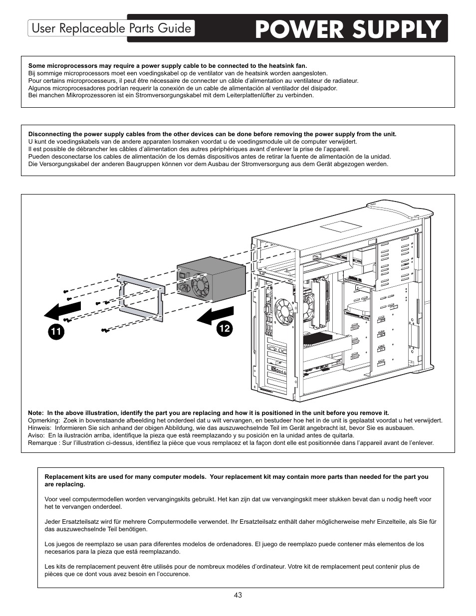 Power supply, User replaceable parts guide | HP X09 User Manual | Page 43 / 54