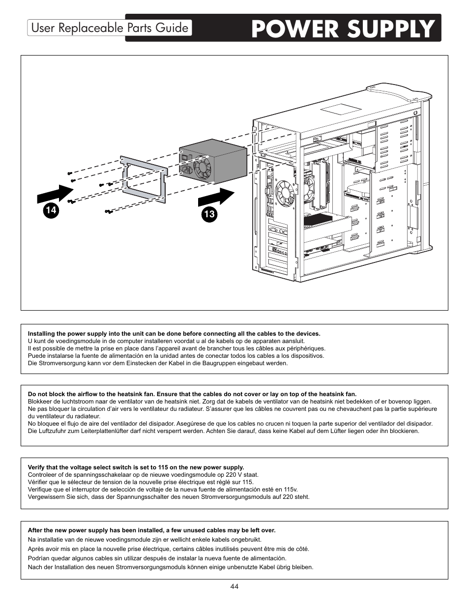 Power supply, User replaceable parts guide | HP X09 User Manual | Page 44 / 54