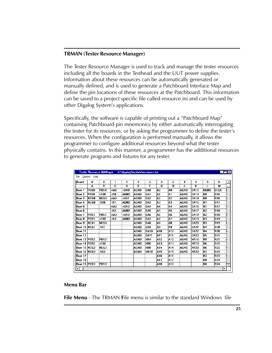 Trman (tester resource manager), Menu bar | HP 2040D User Manual | Page 26 / 67