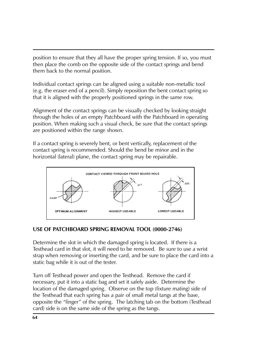Use of patchboard spring removal tool (0000-2746), Contact spring replacement (conventional method) | HP 2040D User Manual | Page 65 / 67