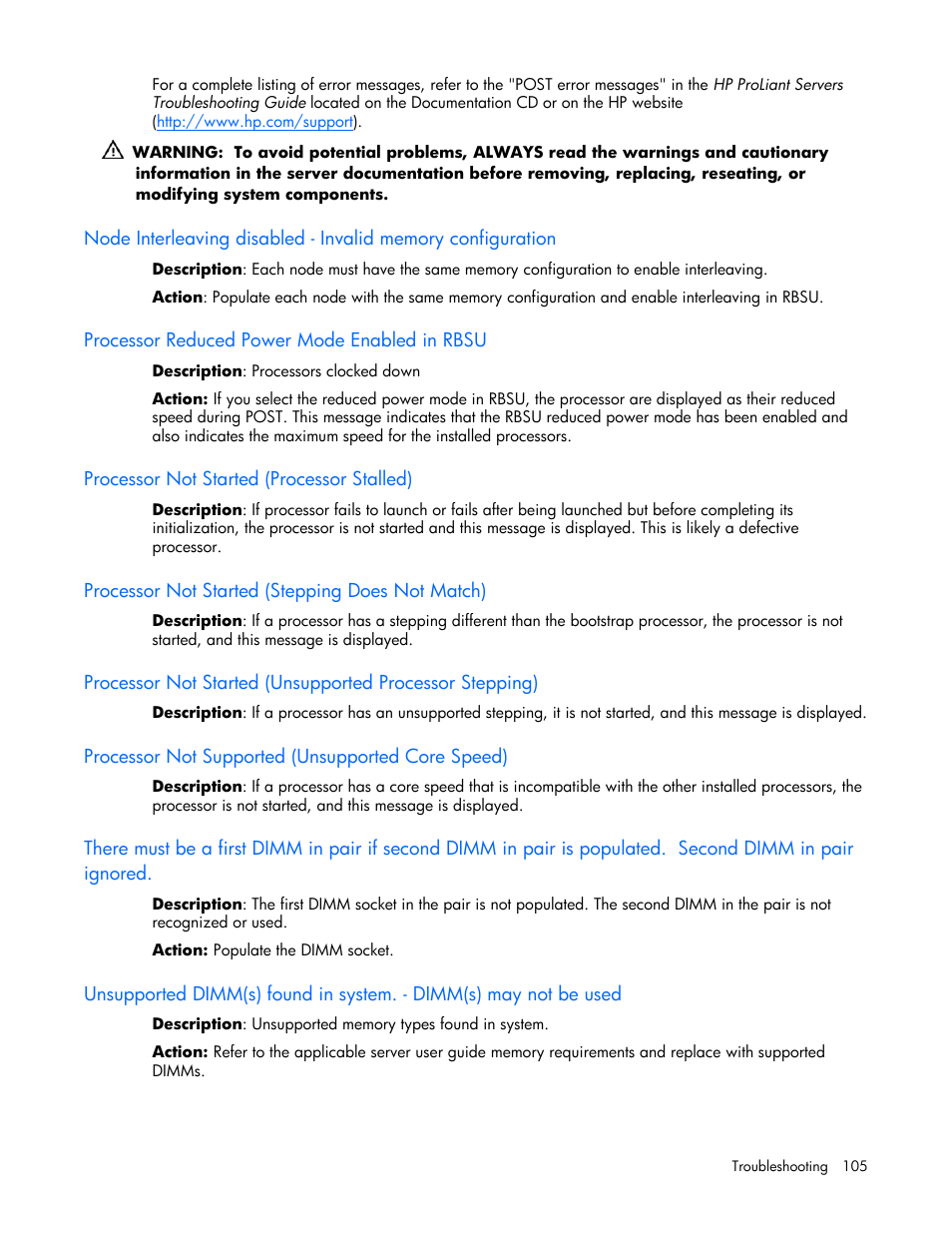 Processor reduced power mode enabled in rbsu, Processor not started (processor stalled), Processor not started (stepping does not match) | Processor not supported (unsupported core speed) | HP DL385 User Manual | Page 105 / 124