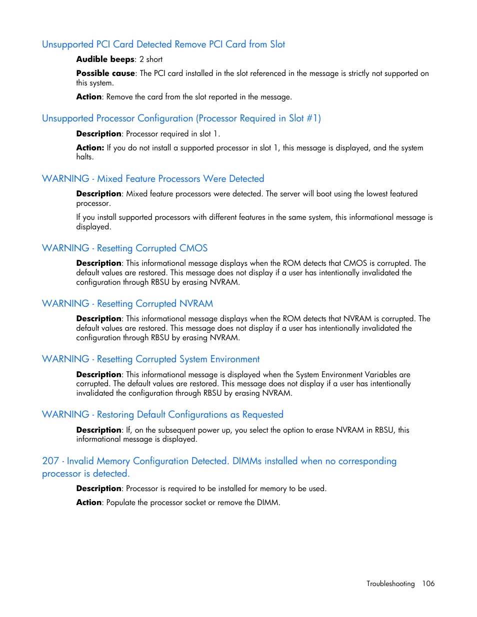 Warning - mixed feature processors were detected, Warning - resetting corrupted cmos, Warning - resetting corrupted nvram | Warning - resetting corrupted system environment | HP DL385 User Manual | Page 106 / 124