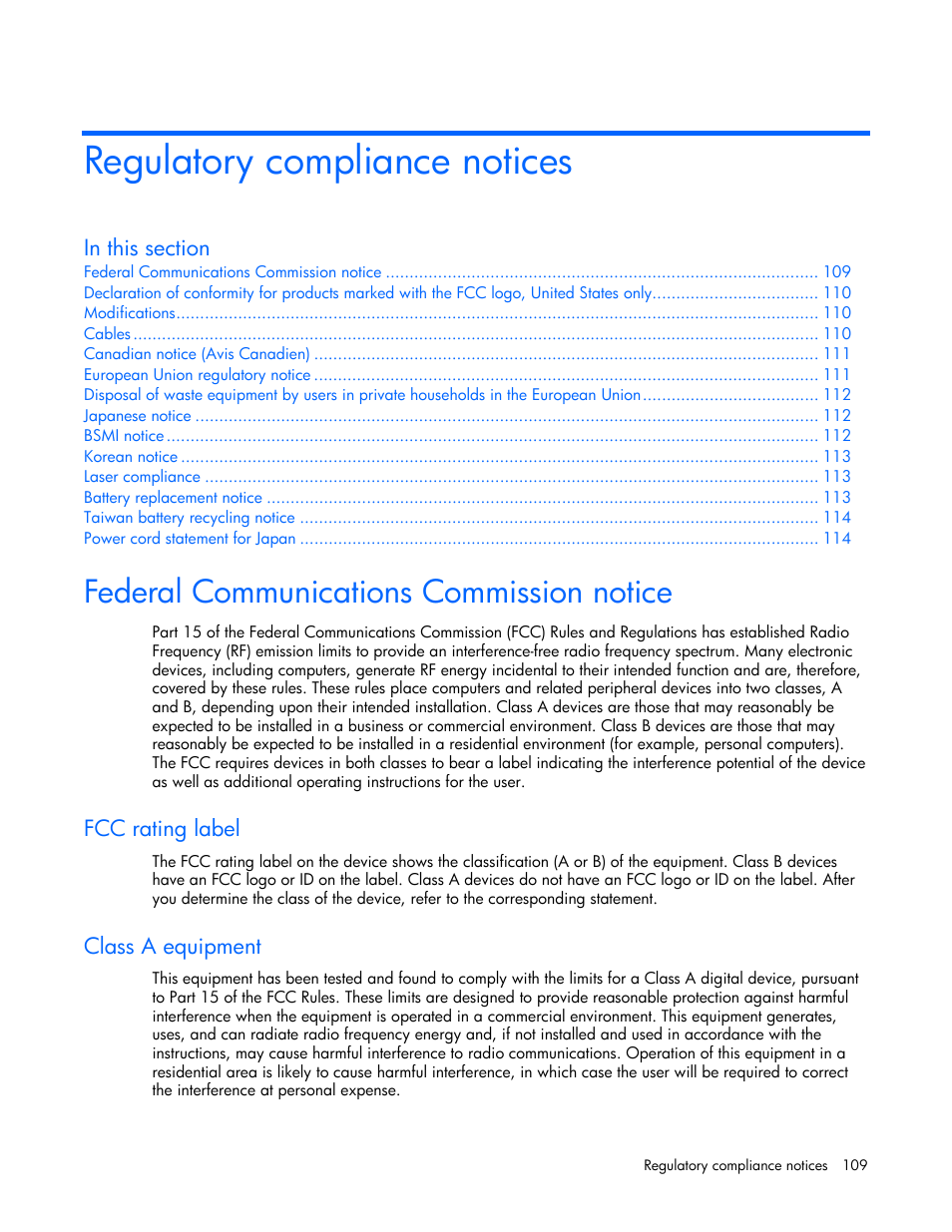 Regulatory compliance notices, Federal communications commission notice, Fcc rating label | Class a equipment | HP DL385 User Manual | Page 109 / 124