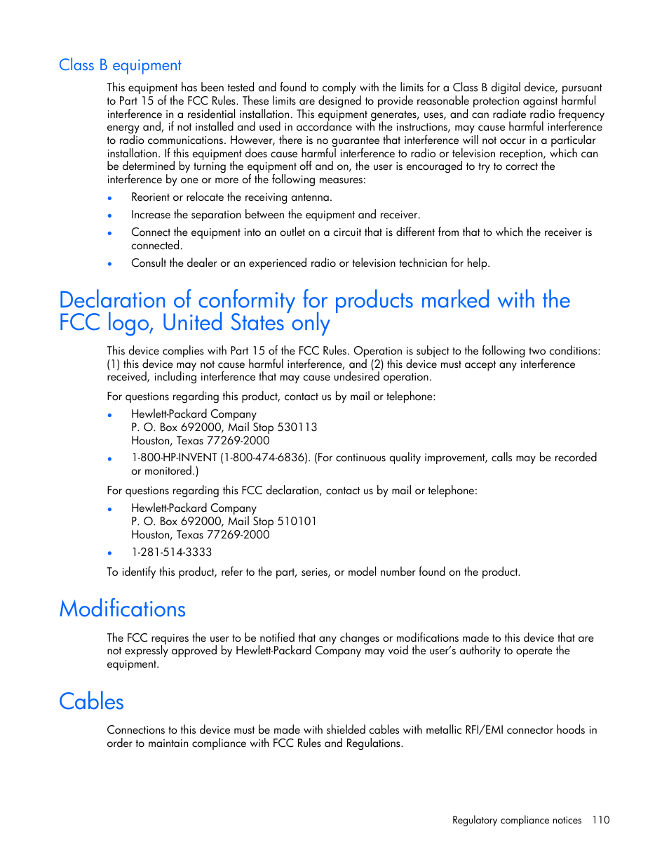 Class b equipment, Modifications, Cables | HP DL385 User Manual | Page 110 / 124