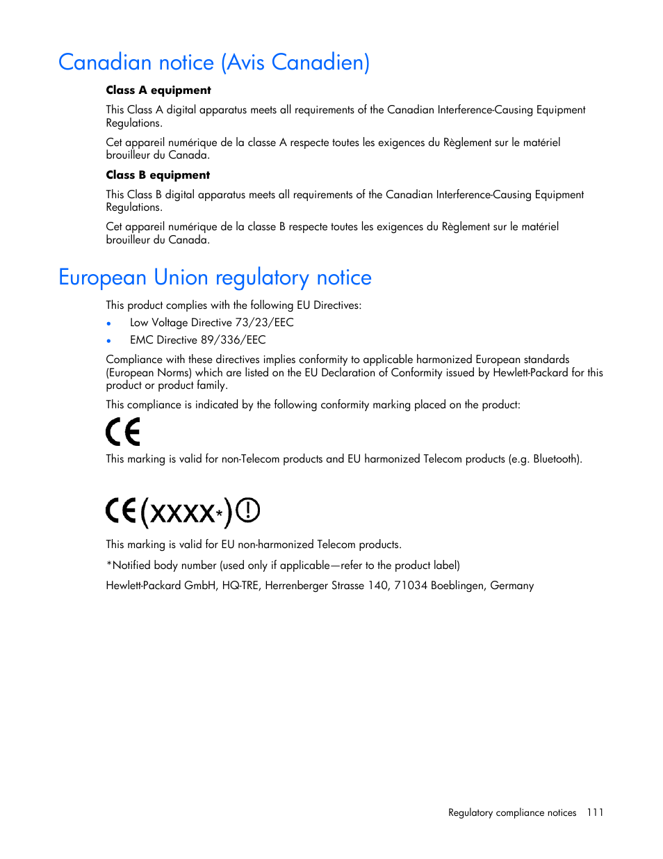 Canadian notice (avis canadien), European union regulatory notice | HP DL385 User Manual | Page 111 / 124