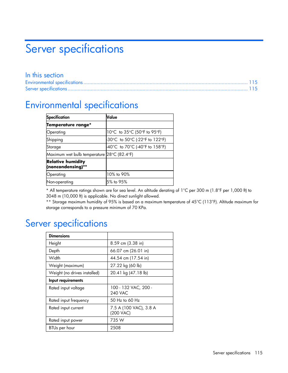 Server specifications, Environmental specifications | HP DL385 User Manual | Page 115 / 124