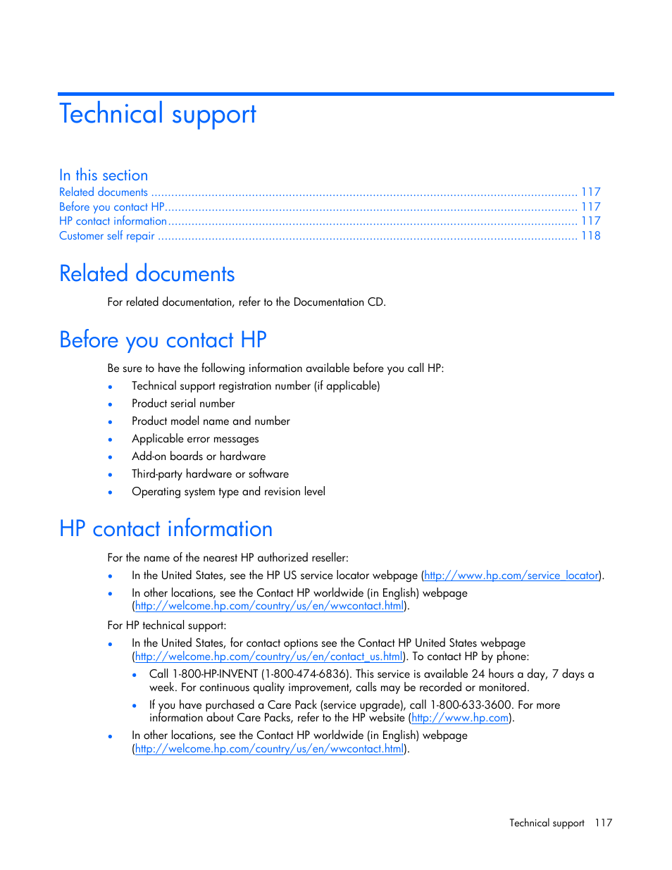 Technical support, Related documents, Before you contact hp | Hp contact information | HP DL385 User Manual | Page 117 / 124