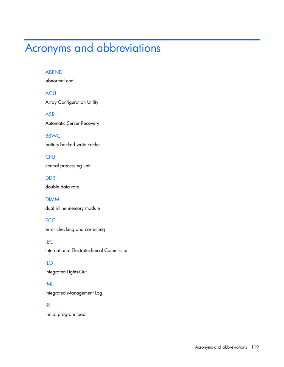 Acronyms and abbreviations | HP DL385 User Manual | Page 119 / 124