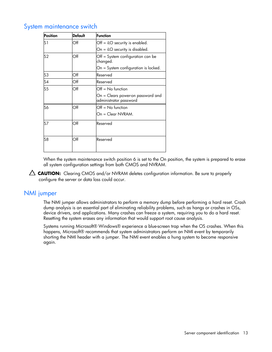 System maintenance switch, Nmi jumper | HP DL385 User Manual | Page 13 / 124