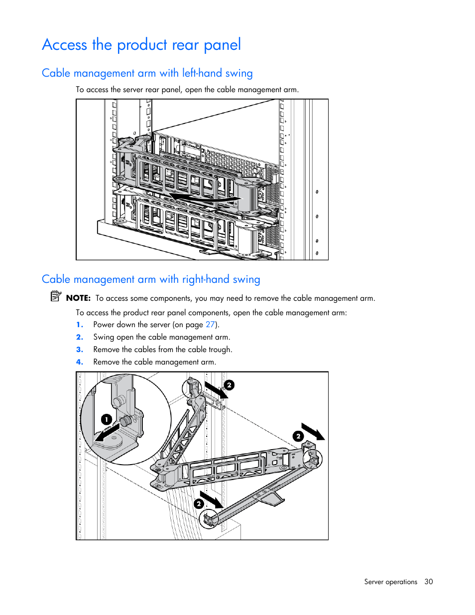 Access the product rear panel, Cable management arm with left-hand swing, Cable management arm with right-hand swing | HP DL385 User Manual | Page 30 / 124